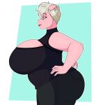  absurd_res anthro big_breasts blue_background bottomwear breasts clothing domestic_pig female hair hi_res huge_breasts jwinkz mammal mature_female pants shirt short_hair side_view simple_background solo suid suina sus_(pig) topwear 