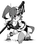  1girl anti-materiel_rifle belt bikini bikini_top_only bracelet breasts cleavage commentary dowman_sayman flame_print gloves gun hair_ornament highres jewelry ponytail pose rifle shoes short_shorts shorts simple_background skull_hair_ornament sniper_rifle solo swimsuit tengen_toppa_gurren_lagann thighhighs visor weapon white_background yoko_littner 