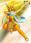  anthro arrow_(weapon) blonde_hair breasts clothing eeveelution electricity electricity_manipulation elemental_manipulation female fur hair hi_res jolteon joslyn_fumei legwear lightning multicolored_body multicolored_fur neck_tuft nintendo orange_clothing pok&eacute;mon pok&eacute;mon_(species) purple_eyes ranged_weapon solo tetsushi thigh_highs tuft two_tone_body two_tone_fur video_games weapon white_body white_fur yellow_body yellow_fur 