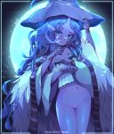  1girl absurdres blue_eyes blue_hair blue_headwear blue_skin bottomless cloak closed_mouth colored_skin elden_ring extra_arms extra_faces fingernails full_moon fur_cloak hand_on_headwear hat highres jewelry looking_at_viewer lucidgirl moon navel ranni_the_witch ring solo standing thighs witch_hat 