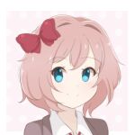  1girl aqua_eyes border bow chocomiru closed_mouth collared_shirt doki_doki_literature_club eyebrows_visible_through_hair jacket light_brown_hair looking_back lowres neck_ribbon open_clothes open_jacket polka_dot polka_dot_background ribbon sayori_(doki_doki_literature_club) school_uniform shirt short_hair smile solo wavy_hair white_border white_shirt 