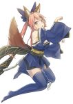  1girl :o animal_ear_fluff animal_ears bangs bare_shoulders blue_bow blue_kimono blue_legwear bow breasts cleavage clenched_hands commentary detached_sleeves erezu eyebrows_behind_hair fate/extra fate_(series) fox_ears fox_girl fox_tail full_body hair_between_eyes hair_bow highres japanese_clothes kimono large_breasts long_hair long_sleeves looking_at_viewer obi open_mouth paw_pose pelvic_curtain pink_hair pose sash short_kimono sidelocks solo split_ponytail tail tamamo_(fate) tamamo_no_mae_(fate/extra) thighhighs white_background wide_sleeves yellow_eyes zettai_ryouiki 