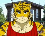  animated animated_png anthro blue_eyes body_hair clothing felid hazker hi_res kemono male mammal morenatsu one_eye_closed pantherine solo tiger torahiko_(morenatsu) video_games visual_novel wink 