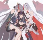  3girls :d armor bangs bare_shoulders black_gloves black_hair boots breasts china_dress chinese_clothes cleavage closed_eyes closed_mouth dress earrings floofhua fu_hua fu_hua_(azure_empyrea) gauntlets gloves honkai_(series) honkai_impact_3rd horns japanese_armor jewelry kiana_kaslana kiana_kaslana_(herrscher_of_flamescion) long_hair long_sleeves multiple_girls open_mouth ponytail purple_hair raiden_mei raiden_mei_(herrscher_of_thunder) simple_background smile thigh_boots thighhighs white_background white_footwear white_hair 