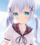  1girl bangs black_ribbon blouse blue_eyes blue_hair blue_sky blush bralines cloud cloudy_sky commentary day eyebrows_visible_through_hair gochuumon_wa_usagi_desu_ka? grey_sailor_collar hair_ornament kafuu_chino kurasawa_kyoushou long_hair looking_at_viewer low_twintails neck_ribbon outdoors parted_lips plaid_sailor_collar portrait ribbon sailor_collar school_uniform see-through shirt short_sleeves sky solo twintails wet wet_clothes wet_shirt white_blouse x_hair_ornament 