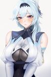  1girl bare_shoulders blue_hair bodysuit breasts english_commentary eula_(genshin_impact) genshin_impact hairband highres large_breasts lips navel revision skindentation solo tommy_(kingdukeee) upper_body 
