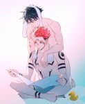  2boys abs arm_on_shoulder arm_tattoo bath bathroom black_hair black_nails boxers chest_tattoo completely_nude extra_eyes facial_tattoo fushiguro_megumi glorenia hand_on_another&#039;s_head highres holding indian_style jujutsu_kaisen kneeling leg_tattoo male_focus male_underwear multiple_boys muscular muscular_male nail_polish nipples notice_lines nude pectorals pink_hair reading rubber_duck ryoumen_sukuna_(jujutsu_kaisen) short_hair shoulder_tattoo sitting spiked_hair stomach_tattoo tattoo toenail_polish toenails topless_male towel towel_around_neck towel_on_head underwear yaoi 