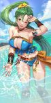  1girl arm_strap armpits ass_visible_through_thighs beach belt bikini blue_bikini blue_sky breasts choker cleavage cloud collarbone day earrings english_commentary eyebrows_behind_hair feet_out_of_frame fire_emblem fire_emblem:_the_blazing_blade fire_emblem_heroes floating_hair flower green_eyes green_hair groin hair_flower hair_ornament highres huge_breasts ippers jewelry large_breasts leaning_forward lens_flare long_hair looking_at_viewer lyn_(fire_emblem) lyn_(summer)_(fire_emblem) mountain navel official_alternate_costume one_eye_closed ponytail sash shadow sky solo splashing stomach swimsuit tassel thighs very_long_hair wading water wrist_guards yellow_sash 
