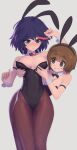  2girls absurdres animal_ears arm_up bare_shoulders behind_another black_hair black_leotard blush blush_stickers breast_grab breasts brown_eyes brown_hair clenched_hand cowboy_shot daniel_deves detached_collar english_commentary fake_animal_ears grabbing groping hand_up highres kill_la_kill leotard looking_at_another looking_down mankanshoku_mako matoi_ryuuko medium_breasts multicolored_hair multiple_girls pantyhose playboy_bunny rabbit_ears reach-around red_hair short_hair smile standing strapless strapless_leotard streaked_hair sweat undersized_breast_cup wrist_cuffs yuri 