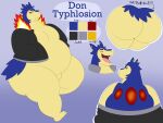  anthro belly big_butt black_clothing black_jacket black_topwear blue_body blue_fur bottomless butt clothed clothing color_swatch don_(megacoolbear) ear_piercing fire fur hi_res huge_butt jacket male megacoolbear_(artist) model_sheet nintendo overweight overweight_anthro overweight_male partially_clothed piercing pok&eacute;mon pok&eacute;mon_(species) solo thick_thighs topwear typhlosion video_games 