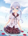  1girl bangs black_ribbon blouse blue_eyes blue_hair blue_sky blush bralines cloud cloudy_sky cowboy_shot day eyebrows_visible_through_hair flower gochuumon_wa_usagi_desu_ka? grey_sailor_collar grey_skirt hair_ornament hibiscus horizon kafuu_chino kurasawa_kyoushou long_hair looking_at_viewer low_twintails miniskirt neck_ribbon outdoors parted_lips plaid plaid_sailor_collar plaid_skirt pleated_skirt red_flower ribbon sailor_collar school_uniform see-through shirt short_sleeves skirt skirt_hold sky solo twintails wading water wet wet_clothes wet_shirt white_blouse x_hair_ornament 