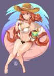  1girl arm_up artist_logo barefoot bikini celica_(fire_emblem) choker cup earrings fire_emblem fire_emblem_echoes:_shadows_of_valentia gold_choker gold_trim hat highres holding holding_cup jewelry orange_hair red_eyes red_hair revolverwing seashell shell shell_earrings sitting straw_hat swimsuit 