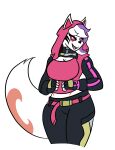  anthro belt bottomwear catalyst_(fortnite) clothing female fingerless_gloves fur gloves handwear hi_res highlights_(coloring) hood hoodie midriff open_mouth pants pink_sclera solo topwear white_body white_fur 