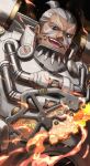  1boy absurdres apex_legends armor axe black_background brown_eyes dark-skinned_male dark_skin facepaint fang fire from_below gibraltar_(apex_legends) grey_hair hair_bun highres holding holding_axe mature_male millennium_tusk_gibraltar nemoto_yuuma official_alternate_costume open_mouth smile solo upper_body v-shaped_eyebrows war_club_(apex_legends) 