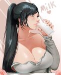  1girl absurdres black_hair breasts capraraw cleavage collarbone drinking english_commentary eyelashes fingernails grey_eyes grey_shirt hair_over_shoulder highres large_breasts leticia_shirayuki lips long_hair long_sleeves low_neckline milk no_bra off-shoulder_shirt off_shoulder photo-referenced ponytail real_life shirt solo 