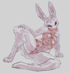  anthro bdsm bondage bound breasts fur genitals hi_res lagomorph leporid lightningwolt male mammal pussy rabbit simple_background small_breasts solo solo_focus spread_legs spreading white_body white_fur 