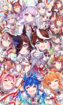  6+girls ^_^ absurdres ahoge animal_ears arms_behind_head arms_up ascot bangs black_hair blue_hair blue_headwear braid brown_hair clenched_hand clenched_hands closed_eyes closed_mouth confetti cosplay daiwa_scarlet_(umamusume) dot_nose ear_bow english_commentary glint gloves gold_ship_(umamusume) grey_hair grin hair_intakes hair_over_one_eye hairband haru_urara_(umamusume) hat hatsuga_(dmaigmai) headband heart heart_hands highres horse_ears index_finger_raised jacket kitasan_black_(umamusume) long_hair looking_at_viewer mayano_top_gun_(umamusume) mejiro_mcqueen_(umamusume) mihono_bourbon_(umamusume) multicolored_hair multiple_girls nice_nature_(umamusume) oguri_cap_(umamusume) one_eye_closed open_mouth orange_hair ponytail puffy_short_sleeves puffy_sleeves purple_eyes purple_hair red_ascot red_eyes red_skirt rice_shower_(umamusume) satono_diamond_(umamusume) sharp_teeth short_sleeves silence_suzuka_(umamusume) skirt smile special_week_(umamusume) streaked_hair super_creek_(umamusume) symboli_rudolf_(umamusume) tamamo_cross_(umamusume) teeth tiara tokai_teio_(umamusume) twin_turbo_(umamusume) two-tone_hair umamusume upper_body v-shaped_eyebrows vest vodka_(umamusume) white_gloves white_jacket white_vest yellow_eyes 