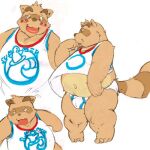  2014 anthro bbn belly big_belly blush brown_body brown_fur bulge canid canine clothing fur kemono low_res male mammal morenatsu multiple_poses navel overweight overweight_male pose raccoon_dog shirt simple_background solo tanuki topwear unavailable_at_source underwear video_games visual_novel yukiharu_kuri 