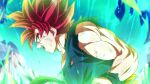  1boy aura battle_damage blue_sky blurry blurry_background dougi dragon_ball dragon_ball_super dragon_ball_super_broly glacier male_focus muscular muscular_male open_mouth red_hair rom_(20) sky solo son_goku spiked_hair super_saiyan super_saiyan_god torn_clothes transformation 
