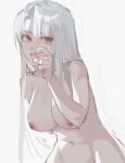  1girl breasts brown_eyes eyelashes fellatio_gesture grey_background highres large_breasts long_eyelashes long_hair mayak666 navel open_mouth original simple_background sketch solo teeth tongue tongue_out upper_teeth white_hair 