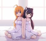  2girls ahoge animal_ear_fluff animal_ears bangs bare_arms bare_shoulders barefoot bed_sheet black_hair blue_eyes blush breasts cat_ears cleavage closed_mouth commentary_request dress eyebrows_visible_through_hair frilled_dress frills green_eyes hair_between_eyes highres indoors karyl_(princess_connect!) langbazi low_twintails medium_breasts multicolored_hair multiple_girls orange_hair pecorine_(princess_connect!) princess_connect! signature sitting sleeveless sleeveless_dress small_breasts smile streaked_hair twintails white_dress white_hair window yokozuwari 