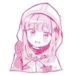  1girl bangs beads blunt_bangs braid chain clenched_hands cloak cropped_shoulders dot_nose eyebrows_visible_through_hair flat_chest gloves halftone hands_up head_tilt hood hood_up hooded_cloak light_blush looking_at_viewer low_twin_braids magia_record:_mahou_shoujo_madoka_magica_gaiden mahou_shoujo_madoka_magica monochrome outline parted_lips paru_rari pink_outline pink_theme shiny shiny_hair sidelocks simple_background smile solo soul_gem tamaki_iroha turtleneck twin_braids twitter_username upper_body white_background 