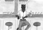  anthro bar belt biped button_(fastener) clothing felid head_tuft leaning leaning_back male mammal monochrome neck_tuft sitting skyelegs smoking solo spread_legs spreading topwear traditional_media_(artwork) tuft 