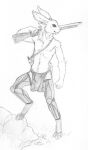  anthro athletic athletic_anthro athletic_male biped cheek_tuft chest_tuft chin_tuft elbow_tufts facial_tuft front_view glistening glistening_eyes grass gun head_tuft holding_gun holding_object holding_weapon lagomorph leporid long_ears looking_aside male mammal mechanical_leg mechanical_legs monochrome navel neck_tuft outside plant rabbit ranged_weapon rock simple_background skyelegs solo standing traditional_media_(artwork) tuft weapon white_background 