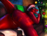  anthro anus avaliy_conely bodily_fluids butt candy christmas christmas_clothing christmas_headwear clothed clothing clothing_aside dessert dinosaur dromaeosaurid female food genital_fluids genitals hat headgear headwear hi_res holidays karely_raptor_a messy panties panties_aside panties_down partially_clothed plant pussy pussy_juice red_body reptile santa_hat scalie solo theropod tree underwear underwear_aside underwear_down 