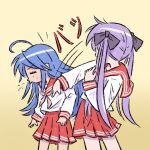  2girls ahoge bangs blue_hair closed_eyes eyebrows_visible_through_hair hiiragi_kagami izumi_konata long_hair long_sleeves lucky_star meme mole mole_under_eye motion_lines multiple_girls neckerchief pink_neckerchief pleated_skirt purple_hair quad_tails red_sailor_collar red_skirt sailor_collar school_uniform scrape serafuku shirt simple_background skirt slapping spitting truffleduster white_shirt will_smith_slapping_chris_rock_(meme) yellow_background 