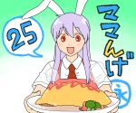  1girl animal_ears apron arms_up bangs blush breasts collared_shirt commentary_request eyebrows_visible_through_hair food gradient gradient_background green_background hair_between_eyes hands_up koyama_shigeru long_hair looking_at_viewer medium_breasts necktie open_mouth pink_apron plate purple_hair rabbit_ears red_eyes red_necktie reisen_udongein_inaba shirt short_sleeves smile solo standing touhou vegetable white_background white_shirt 