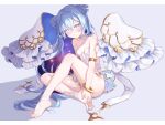  1girl absurdres armlet bangs bare_arms bare_shoulders black_hair blue_eyes blue_hair blush bracelet breasts colored_inner_hair dress eyebrows_visible_through_hair feet full_body hair_between_eyes hair_ornament heterochromia highres jewelry knee_up long_hair looking_at_viewer multicolored_hair nail_polish original purple_eyes purple_nails red_eyes sitting small_breasts solo star_(symbol) star_hair_ornament toe_ring toes very_long_hair white_dress yume_(454565427) 