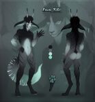  5_fingers anthro athletic athletic_anthro athletic_male big_ears biped black_ears black_hair black_horn blue_eyes blue_inner_ear blue_pawpads blue_tail butt clockhands color_swatch elbow_tufts fingers front_view fur glistening glistening_eyes hair hand_on_hip hi_res horn male markings model_sheet navel pawpads rear_view short_hair solo standing striped_arms striped_body striped_fur striped_horn striped_legs striped_markings striped_tail stripes tail_markings white_horn 