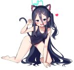  1girl absurdres animal_ear_fluff animal_ears arisu_(blue_archive) bangs bare_shoulders black_legwear black_swimsuit blue_archive blue_eyes blue_hair blush breasts cat_ears cat_tail claw_pose collarbone full_body groin hair_between_eyes hairband hand_up heart highres long_hair looking_at_viewer navel new_school_swimsuit open_mouth salukino school_swimsuit side_ponytail simple_background small_breasts smile solo swimsuit tail teeth topless upper_teeth very_long_hair white_background 