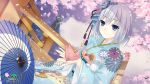  blue_eyes cherry_blossoms date_a_live date_a_live:_spirit_pledge fence highres japanese_clothes kimono md5_mismatch silver_hair tagme tobiichi_origami umbrella wooden_fence 