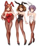 3girls :d animal_ears asahina_mikuru bangs bare_shoulders black_bow black_bowtie black_footwear black_legwear black_leotard blush bow bowtie breasts brown_eyes brown_hair cleavage closed_mouth collar commentary_request detached_collar expressionless eyebrows_visible_through_hair fake_animal_ears hair_between_eyes hair_ribbon hairband hand_on_hip high_heels highres large_breasts leotard long_hair looking_at_viewer medium_breasts multiple_girls nagato_yuki omui open_mouth orange_hair orange_hairband orange_ribbon pantyhose purple_hair rabbit_ears red_bow red_bowtie red_leotard ribbon shiny shiny_hair shiny_skin short_hair simple_background small_breasts smile standing suzumiya_haruhi suzumiya_haruhi_no_yuuutsu tearing_up tears v white_background white_bow white_bowtie white_collar white_leotard wrist_cuffs 