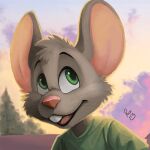  2022 anthro blurred_background buckteeth bust_portrait cheek_tuft clothing cloud detailed_background digital_media_(artwork) facial_tuft fur glistening glistening_eyes green_clothing green_eyes green_shirt green_topwear grey_body grey_fur head_tuft looking_up male mammal mouse murid murine nodd_mouse open_mouth open_smile outside pandapaco pink_inner_ear pink_nose plant portrait procreate rodent round_ears shirt signature sky smile solo teeth tongue topwear tree tuft whiskers 