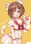  absurdres animal animal_ear_fluff animal_ears animal_hands bare_shoulders blush bow breasts brown_hair cat cat_day cat_ears choker cleavage clothing_cutout collarbone dated eyebrows_visible_through_hair fake_animal_ears fake_tail fang flower frills green_eyes heart highres idolmaster idolmaster_cinderella_girls looking_at_viewer maekawa_miku medium_hair open_mouth pink_bow pink_choker pink_flower pink_rose red_bow rose shoulder_cutout simple_background smile striped striped_bow sunege_(hp0715) tail tail_bow tail_ornament yellow_background 