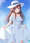  1girl backlighting bangs bare_shoulders blunt_bangs blunt_ends blush brown_hair chakku_illust clothes_lift cloud commentary dress dress_lift eyebrows_visible_through_hair frilled_dress frills hat highres hime_cut lifted_by_self long_dress long_hair looking_at_viewer original outdoors purple_eyes sidelocks sky sleeveless sleeveless_dress smile solo spaghetti_strap sun_hat sundress white_dress white_headwear 