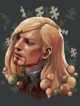  1boy absurdres beard blonde_hair brown_eyes facial_hair green_background higashikata_norisuke_iv highres jigsaw_puzzle jojo_no_kimyou_na_bouken jojolion long_hair otoko_no_ko puzzle solo turtleneck zookhini 