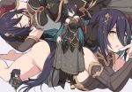  1girl bangs bare_shoulders blush breasts dark_blue_hair horns large_breasts long_hair looking_at_viewer multicolored_hair open_mouth princess_connect! ranpha_(princess_connect!) shiseki_hirame single_horn single_wing thighs two-tone_hair wings 