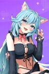  1girl :d animal_ear_fluff animal_ears aqua_hair bare_shoulders black_bra black_choker black_panties blue_eyes blue_hair bow bowtie bra breasts cat_ears choker claw_pose cleavage detached_sleeves fangs frilled_bra frilled_panties frills hand_up head_tilt highleg highres indie_virtual_youtuber kanase_ito large_breasts lingerie long_hair long_sleeves looking_at_viewer midriff navel open_mouth panties purple_background smile solo stomach tate_yukimi thigh_strap tongue tongue_out underwear underwear_only very_long_hair virtual_youtuber 