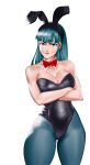  1girl absurdres backlighting black_leotard blue_eyes bow bowtie breasts bulma caprara cleavage crossed_arms detached_collar dragon_ball dragon_ball_(classic) english_commentary green_hair green_legwear highres hime_cut large_breasts leotard long_hair looking_at_viewer mismatched_eyebrows pantyhose photo-referenced playboy_bunny raised_eyebrow red_bow red_bowtie smirk solo strapless strapless_leotard thick_thighs thighs white_background 