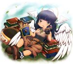  1girl armor bangs belt black_hair blunt_bangs blush book book_stack breastplate brown_belt brown_footwear brown_gloves brown_shorts cart commentary feathered_wings fingerless_gloves full_body gloves grass green_eyes head_rest head_wings highres kalen_manbou looking_at_viewer open_mouth ragnarok_online reading reclining shoes shorts solo standing super_novice_(ragnarok_online) white_wings wings 