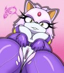  absurd_res anthro blaze_the_cat bodysuit clothing domestic_cat felid feline felis female genitals grin hi_res looking_at_viewer looking_down low-angle_view mammal nipple_slip presenting presenting_pussy pussy renegade-157 sega skinsuit smile solo sonic_the_hedgehog_(series) tight_clothing torn_clothing 