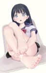  1girl :o absurdres akebi-chan_no_serafuku akebi_komichi ass bangs barefoot black_hair black_skirt blue_sailor_collar blunt_bangs blush feet foot_focus highres light_blue_eyes long_hair pink_nails sailor_collar school_uniform serafuku shirow_(mha03133) short_sleeves sitting skirt solo thighs toenails toes 