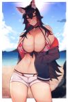  1girl animal_ear_fluff animal_ears beach bell bikini black_choker black_hair black_jacket blue_sky blurry blurry_background blush breasts choker cleavage cloud cowboy_shot day grin hair_ornament hairclip hand_in_pocket heart highres hololive huge_breasts jacket leaf_print looking_at_viewer micro_shorts multicolored_hair navel neck_bell ookami_mio open_clothes open_jacket outdoors print_bikini red_hair short_shorts shorts sky smile solo standing stomach streaked_hair swimsuit tail unbeller virtual_youtuber wolf_ears wolf_tail yellow_eyes 