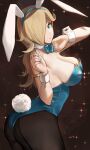  1girl animal_ears ass bare_shoulders blonde_hair blue_bow blue_bowtie blue_eyes blue_leotard bow bowtie breasts cleavage commentary_request fake_animal_ears fake_tail hair_over_one_eye hands_up highres j@ck large_breasts leotard long_hair looking_at_viewer mario_(series) mixed-language_commentary pantyhose playboy_bunny rabbit_ears rabbit_tail rosalina solo standing strapless strapless_leotard super_mario_galaxy tail wrist_cuffs 