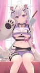  1girl :q absurdres ahoge animal_ears animal_hands bear_ears breasts choker collarbone gloves hand_up highres indie_virtual_youtuber koiten_production long_hair looking_at_viewer medium_breasts mole mole_on_breast multicolored_hair navel paw_gloves pink_hair purple_choker purple_hair purple_shorts shorts sitting solo starfox1015 sword sword_behind_back tongue tongue_out underboob virtual_youtuber weapon weapon_on_back white_hair xiho_(vtuber) 