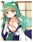  +_+ 1girl bare_shoulders blush breasts cleavage closed_mouth commentary_request frog_hair_ornament green_hair hair_ornament highres japanese_clothes kochiya_sanae large_breasts looking_at_viewer miko presenting shiny shiny_hair snake_hair_ornament touhou zeroko-san_(nuclear_f) 